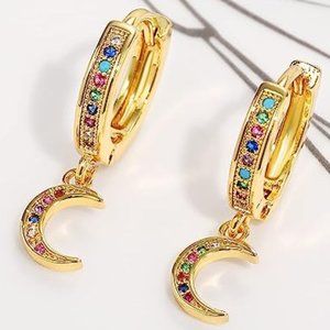 New Multicolor Moon Rhinestone Huggie Hoop Earrings CZ Pave Hoops Crystals New
